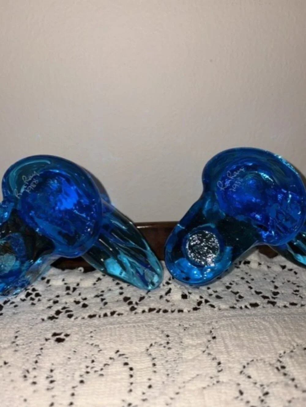 Pair of VTG Blue Bird of Happiness Art Glass Taper Candle Holders Ron Ray 1988